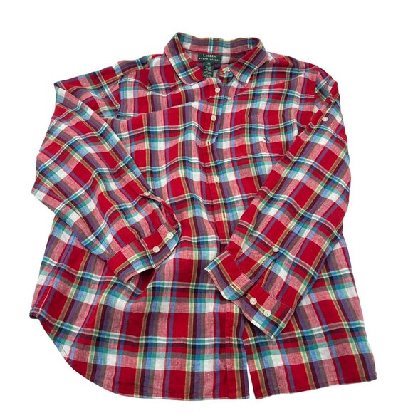 Lauren Ralph Lauren Red Plaid Linen Women's Button-Down Shirt 2X Long Sleeve - Picture 1 of 4